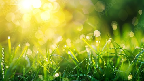 Grass. Fresh green spring grass with dew drops closeup. Sun. Soft Focus.