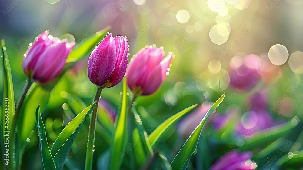 Obraz premium Bunch of purple tulips covered in water droplets