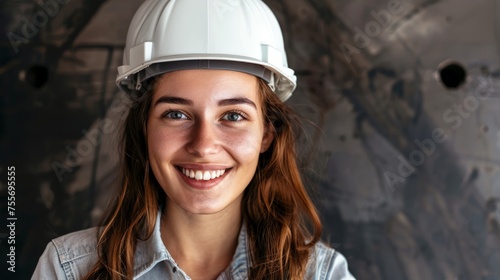 Photo of smiling young architect woman wearing white helmet over dark background. photo