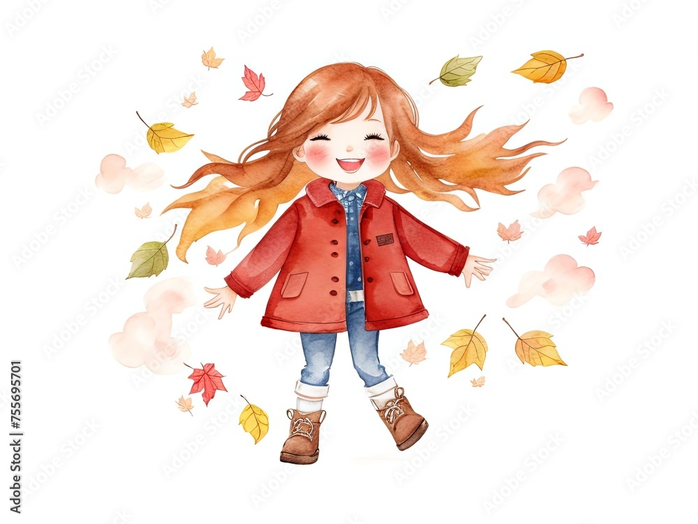 Watercolor Cute autumn girl with leaves and clouds. Joy of autumn. Autumn girl character.Watercolor illustration isolated on white background , full body, clean, simple, white background, professional