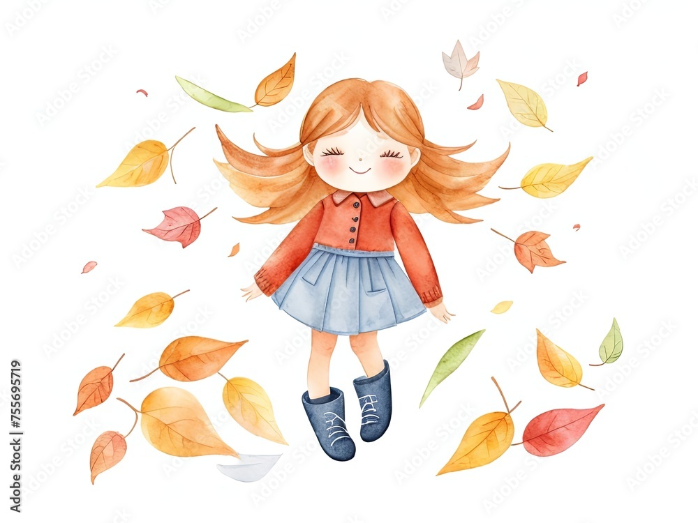 Watercolor Cute autumn girl with leaves and clouds. Joy of autumn. Autumn girl character.Watercolor illustration isolated on white background , full body, clean, simple, white background, professional Watercolor Cute autumn girl with leaves and clouds. Joy of autumn. Autumn girl character.Watercolor illustration isolated on white background , full body, clean, simple, white background, professional