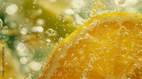 An extreme close-up captures a slice of lemon immersed in sparkling water  surrounded by bubbles  highlighting the freshness and vitality of the citrus.
