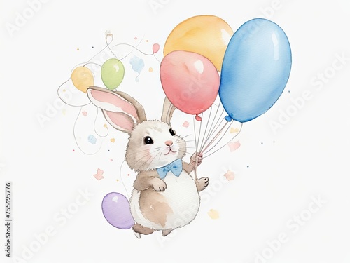Watercolor Cute bunny flying with balloons.Watercolor illustration isolated on white background , full body, clean, simple, white background, professional vector, cartoon, 2d vector, no gradient
