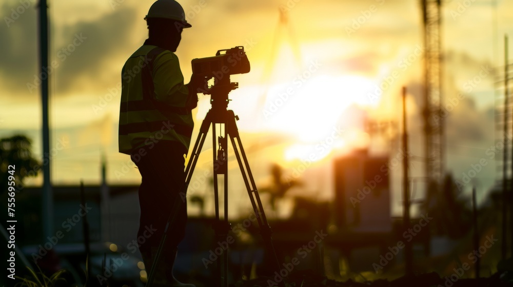 Fototapeta premium silhouette black man survey civil engineer stand on ground working in a land building site over Blurred construction worker on industrial site.