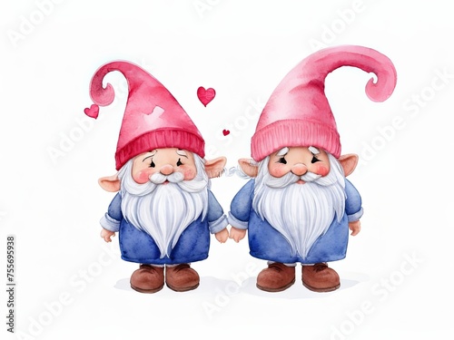 Watercolor Cute Valentine's Gnomes isolated on white background. Watercolor illustration for Valentine's Day cards, invitations,t-shirts design. , full body, clean, simple, white background.