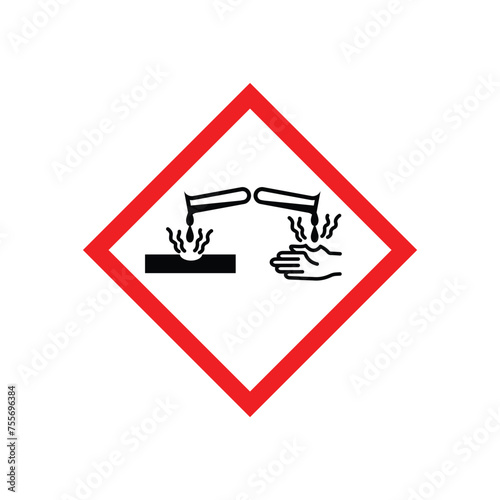 corrosive hazard sign in white red diamond
