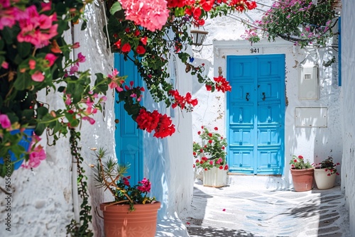 a blue door with flowers on it © Andrei