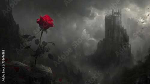 Hate's fortress stands tall and imposing, but within its walls, love flourishes like a surreal rose, its beauty defying the darkness. photo