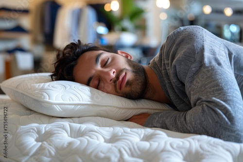 Portrait of tired hispanic man sleeping on modern orthopedic mattress in furniture showroom