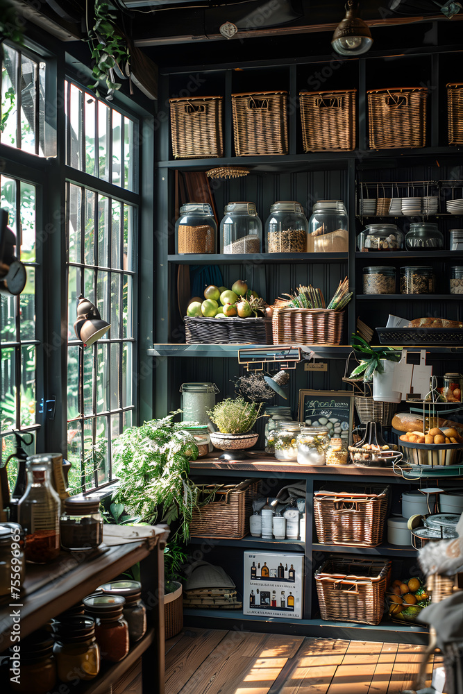 The kitchen is filled with shelves and baskets containing natural foods. The wood shelving provides ample space to store ingredients, creating a cozy and organized space