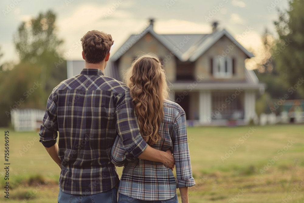Rear view of young married couple chooses and buys house Rear view of young married couple chooses and buys house