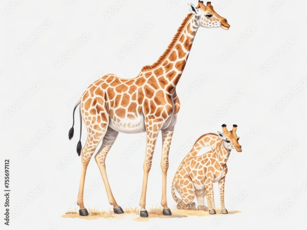 Giraffe standing tall in the wild grasslands, its long neck reaching for foliage Brown-spotted mammal in its natural habitat, a symbol of wildlife in watercolor on a white isolated background.