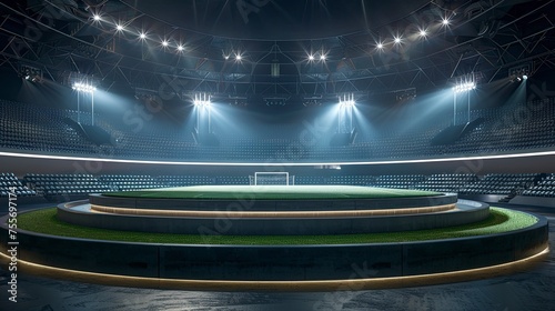 podium in the center of a stadium, surrounded by rows of empty seats and light flashes. The podium is simple and perfect to show your product - generative ai © Nia™