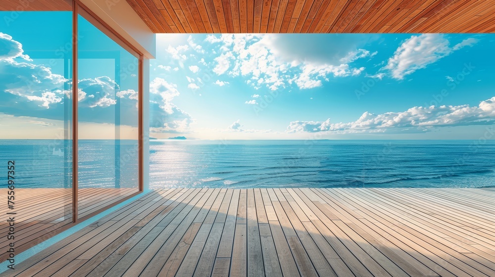 Fototapeta premium A wooden deck with views of the ocean