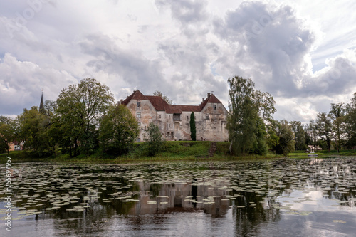 Jaunpils castle was built in 1301. as Livonia Order fortress. Latvia, aerial drone view