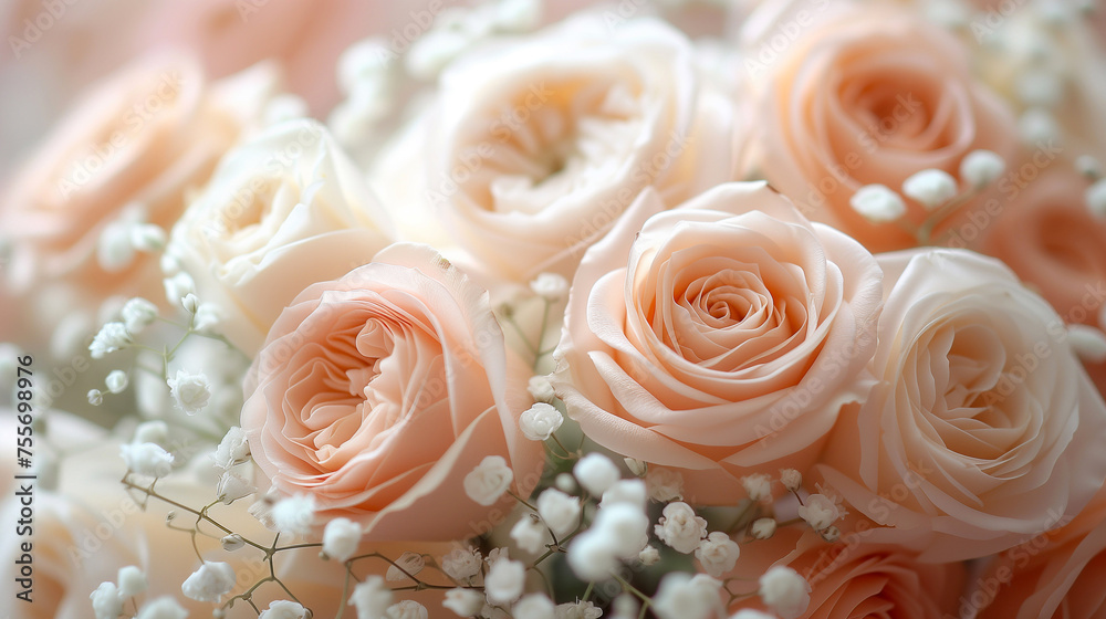 Bouquet of pink roses and gypsophila close up