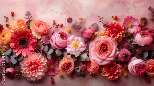 Beautiful flowers composition on pink background. Flat lay  top view