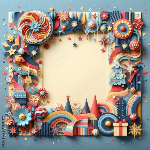 Photo Frame based on abstract art of flowers, cap, balloon, leaf, rain bow, star, gifts