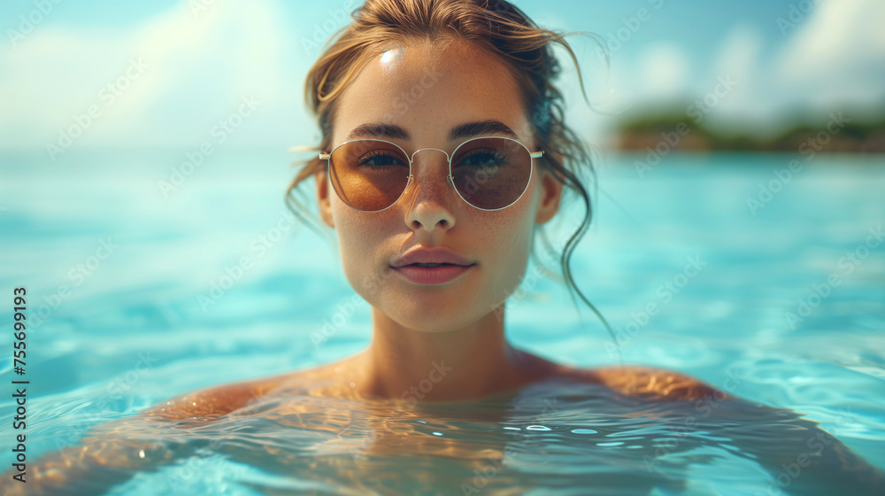 Naklejka premium Portrait of a beautiful young woman in sunglasses in the swimming pool