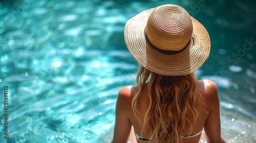 Young woman in straw hat relaxing in swimming pool. Back view.