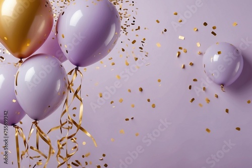 Balloons with Foil Confetti, Flying Rose on Pastel Color Background a Party Celebration Atmosphere