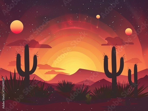 2D Illustrate of Design a desert-themed wallpaper with cacti silhouettes against a sunset backdrop.
