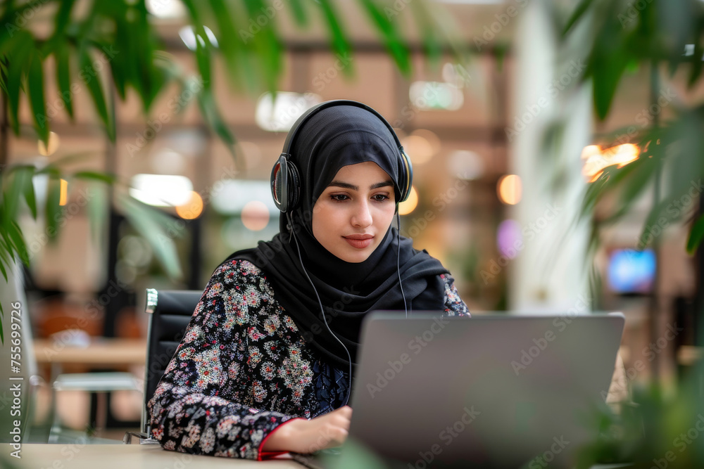 A focused female customer service representative wearing a hijab, providing assistance via headset, against a modern office A focused female customer service representative wearing a hijab, providing assistance via headset, against a modern office