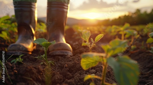Agricultural workers in rubber boots tend to young crops at sunset. 