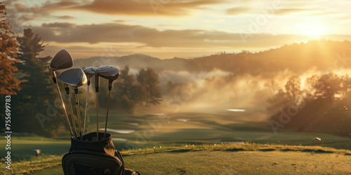 Golf clubs in a bag on a golf course with the sun rising in the background
