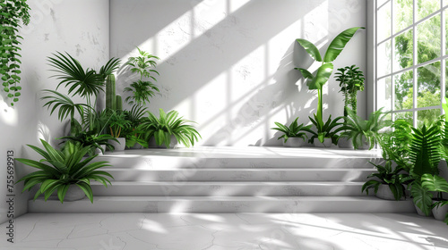 3d rendering of a white room with a large window and plants