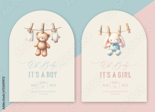 Cute baby shower watercolor arch invitation card with plush teddy bear and bunny drying on a rope. Oh baby calligraphy.