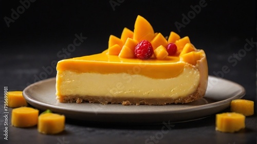 Mango cheesecake on a plate with isolated on black background. © Naila