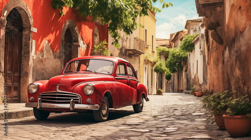 Roter alter Oldtimer in einer italienischen Straße, Kunst Design © Animaflora PicsStock