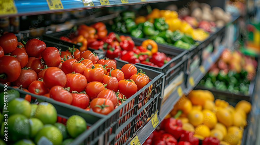 Fresh fruits and vegetables on shelf in supermarket. Fresh greens and vegetables on a display in a supermarket. Various type of fresh fruits arrange neatly grocery store. Apple, Orange, tomato.