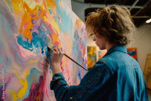 A woman is painting a colorful abstract painting