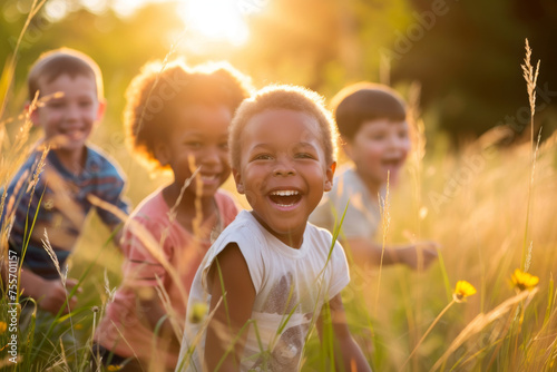 A group of children are playing in a field, with one of them smiling