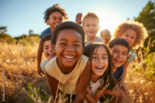 A group of children are smiling and posing for a picture in a field