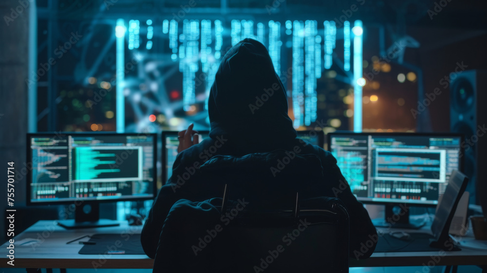 A man in a hoodie is sitting in front of a computer monitor with a keyboard A man in a hoodie is sitting in front of a computer monitor with a keyboard