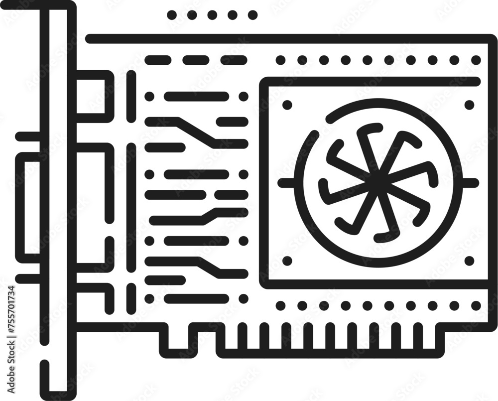 Video adapter GPU line icon of computer hardware, vector outline symbol. PC or laptop video graphic card, VGA display adapter linear pictogram for computer hardware installation instructions or repair Video adapter GPU line icon of computer hardware, vector outline symbol. PC or laptop video graphic card, VGA display adapter linear pictogram for computer hardware installation instructions or repair