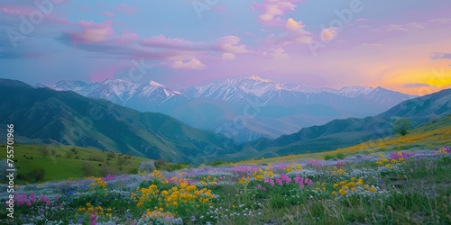 spring wibes, colorfull and calm, soft colors, photo in mountain plane spring field, almaty city mountains on background, 