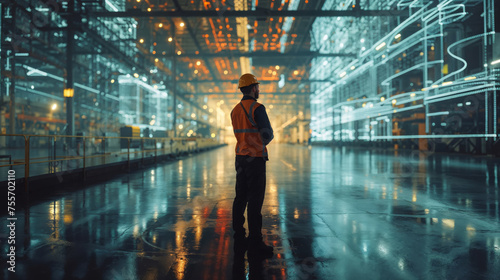 A foreman with a safety helmet standing in a futuristic warehouse.