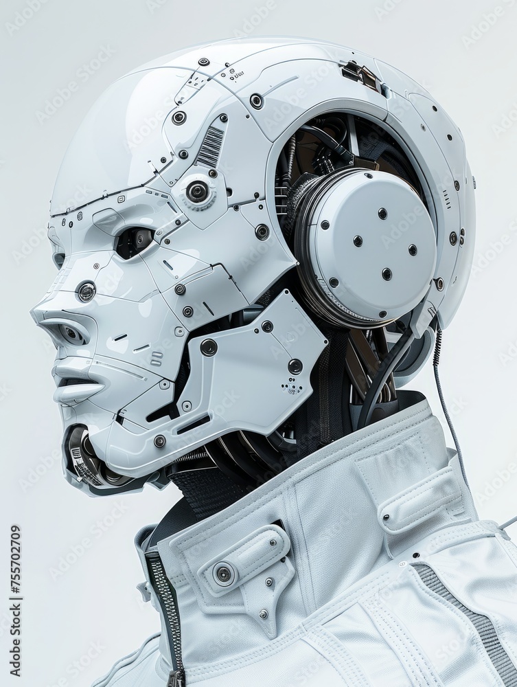 White Robotic Head Profile with Intricate Details White Robotic Head Profile with Intricate Details