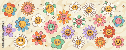 Retro hippie groovy daisy sunflower cute happy flower characters with faces vector background. Cartoon psychedelic floral pattern of funny chamomile personages with pink heart shaped sunglasses