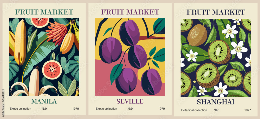 Set of abstract Fruit Market retro posters. Trendy contemporary wall arts with banana, plum, kiwi fruits. Modern interior decorations, paintings, kitchen wall art. Vector illustration. 