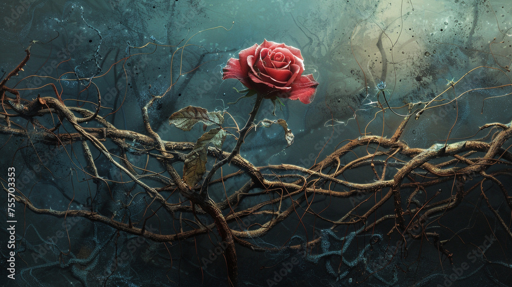 Hate's tendrils reach out like thorns, but amidst its prickly embrace, love flourishes like a surreal rose, vibrant and untamed. - obrazy, fototapety, plakaty 