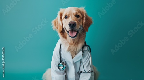 photo of smiling cute dog wearing a lab coat with stethoscope sitting on the blue color background photo