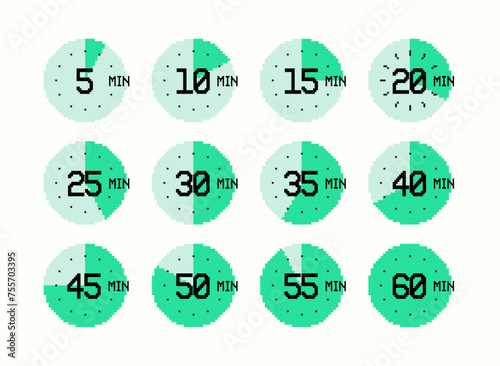 8bit Pixel Timer Icons Set, Modern Vector Design, From 5 to 60 Minutes Clock Collection. Passed Time label, Game Assets, Vector Graphics photo