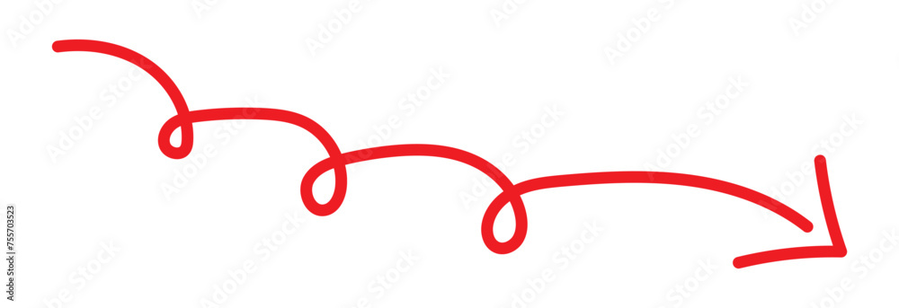 Red Hand drawn curly arrow. doodle vector illustration. Hand drawn vector on white background, eps10 Red Hand drawn curly arrow. doodle vector illustration. Hand drawn vector on white background, eps10
