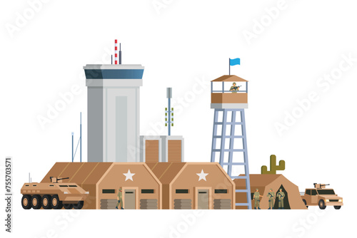 Vector military base building and vehicle or infographic elements military base buildings for city illustration