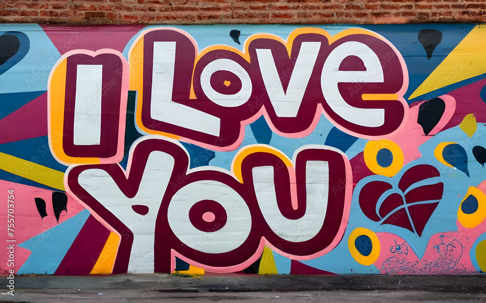 A graffiti on a wall that says “I LOVE YOU” with hearts around it.